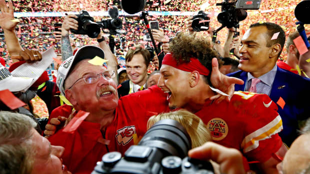 Feb 2, 2020; Miami Gardens, Florida, USA; Kansas City Chiefs quarterback Patrick Mahomes (15) and head coach Andy Reid celebrate after beating the San Francisco 49ers in Super Bowl LIV at Hard Rock Stadium. Mandatory Credit: Matthew Emmons-USA TODAY Sports